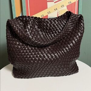 Woven Vegan Leather Shoulder Bag in Brown